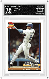 Ken Griffey Jr. from the 1991 Topps set graded by Arena Club and given an overall grade of 7.5.