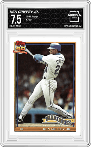 Ken Griffey Jr. from the 1991 Topps set graded by Arena Club and given an overall grade of 7.5.
