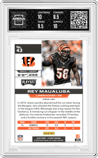 Rey Maualuga from the 2016 Panini Playoff set graded by Arena Club and given an overall grade of 9.