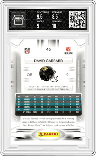 David Garrard from the 2009 Panini Prestige set graded by Arena Club and given an overall grade of 9.
