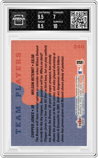 Chipper Jones/Wilson Betemit from the 2002 Fleer Ultra set graded by Arena Club and given an overall grade of 7.5.