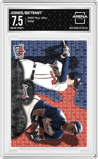 Chipper Jones/Wilson Betemit from the 2002 Fleer Ultra set graded by Arena Club and given an overall grade of 7.5.