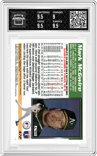 Mark McGwire from the 1995 Topps set graded by Arena Club and given an overall grade of 9.5.
