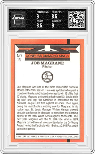 Joe Magrane from the 1990 Donruss set featuring a Variation parallel graded by Arena Club and given an overall grade of 9.