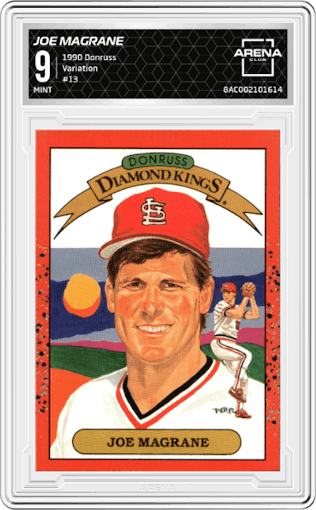 Joe Magrane from the 1990 Donruss set featuring a Variation parallel graded by Arena Club and given an overall grade of 9.