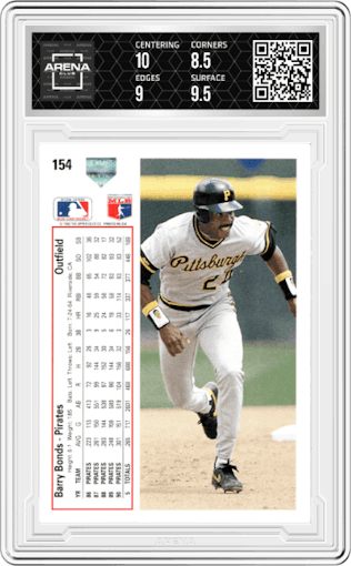Barry Bonds from the 1991 Upper Deck set featuring a Variation parallel graded by Arena Club and given an overall grade of 9.