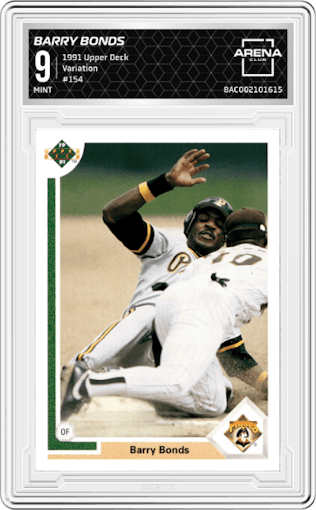 Barry Bonds from the 1991 Upper Deck set featuring a Variation parallel graded by Arena Club and given an overall grade of 9.