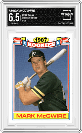 Mark McGwire from the 1988 Topps set graded by Arena Club and given an overall grade of 6.5.
