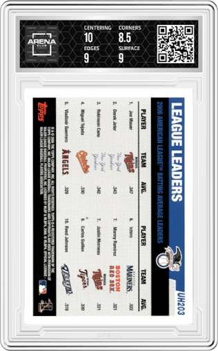 J.Mauer/D.Jeter/R.Cano from the 2006 Topps Updates & Highlights set graded by Arena Club and given an overall grade of 9.