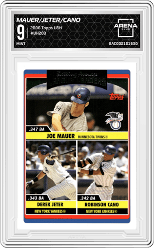 J.Mauer/D.Jeter/R.Cano from the 2006 Topps Updates & Highlights set graded by Arena Club and given an overall grade of 9.