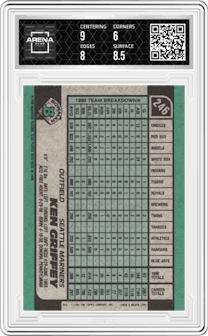 Ken Griffey from the 1991 Bowman set graded by Arena Club and given an overall grade of 6.5.