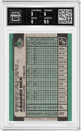 Ken Griffey from the 1991 Bowman set graded by Arena Club and given an overall grade of 6.5.