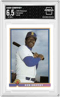 Ken Griffey from the 1991 Bowman set graded by Arena Club and given an overall grade of 6.5.