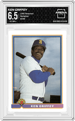 Ken Griffey from the 1991 Bowman set graded by Arena Club and given an overall grade of 6.5.