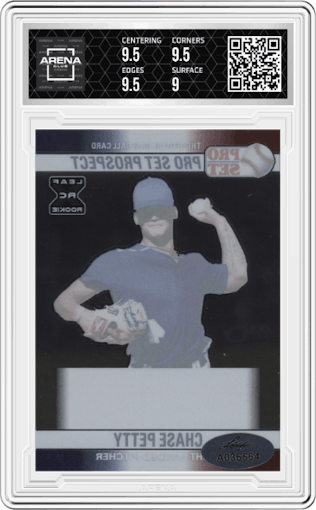 Chase Petty from the 2021 Leaf Pro Set Metal set featuring a Pre-Production Proof Clear Unsigned  parallel graded by Arena Club and given an overall grade of 9.5.