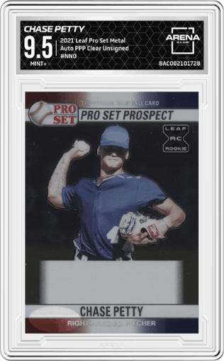 Chase Petty from the 2021 Leaf Pro Set Metal set featuring a Pre-Production Proof Clear Unsigned  parallel graded by Arena Club and given an overall grade of 9.5.