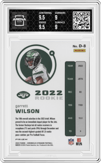 Garrett Wilson from the 2022 Panini Chronicles set featuring a Silver parallel graded by Arena Club and given an overall grade of 9.5.