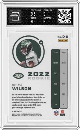 Garrett Wilson from the 2022 Panini Chronicles set featuring a Silver parallel graded by Arena Club and given an overall grade of 9.5.