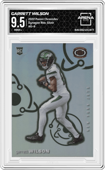 Garrett Wilson from the 2022 Panini Chronicles set featuring a Silver parallel graded by Arena Club and given an overall grade of 9.5.