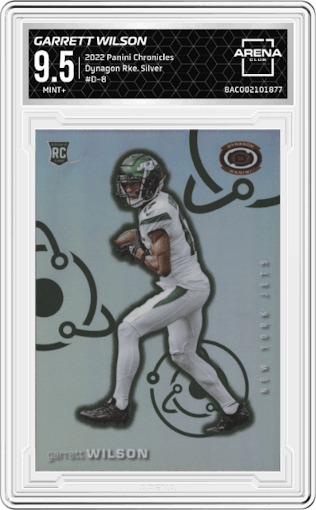 Garrett Wilson from the 2022 Panini Chronicles set featuring a Silver parallel graded by Arena Club and given an overall grade of 9.5.