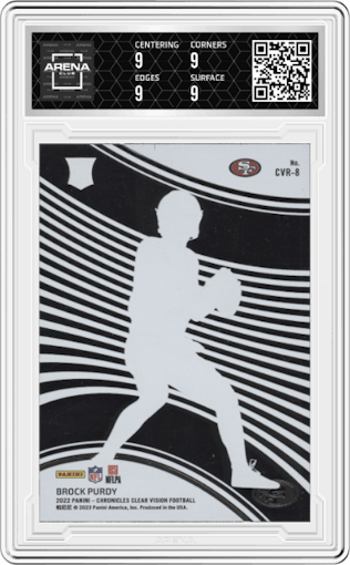 Brock Purdy from the 2022 Panini Chronicles set graded by Arena Club and given an overall grade of 9.