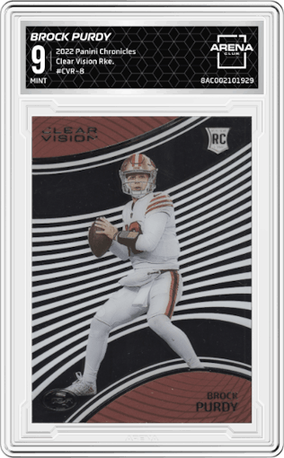 Brock Purdy from the 2022 Panini Chronicles set graded by Arena Club and given an overall grade of 9.