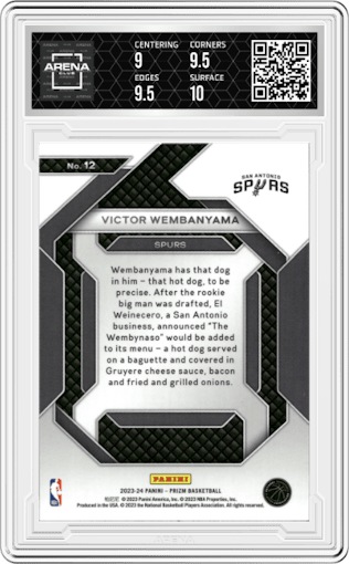 Victor Wembanyama from the 2023-24 Panini Prizm set graded by Arena Club and given an overall grade of 9.5.