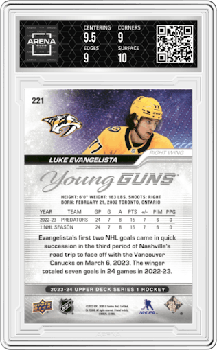 Luke Evangelista from the 2023-24 Upper Deck Series 1 set featuring a Outburst Silver parallel graded by Arena Club and given an overall grade of 9.5.