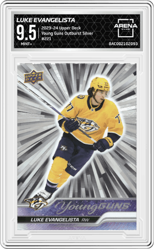 Luke Evangelista from the 2023-24 Upper Deck Series 1 set featuring a Outburst Silver parallel graded by Arena Club and given an overall grade of 9.5.