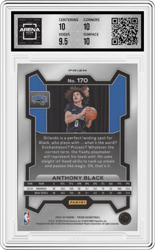 Anthony Black from the 2023-24 Panini Prizm set featuring a Pink Ice Prizm parallel graded by Arena Club and given an overall grade of 10.