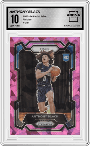 Anthony Black from the 2023-24 Panini Prizm set featuring a Pink Ice Prizm parallel graded by Arena Club and given an overall grade of 10.