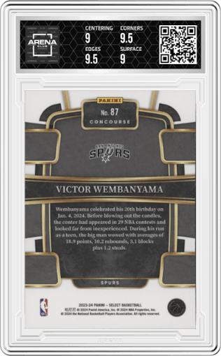 Victor Wembanyama from the 2023-24 Panini Select  set graded by Arena Club and given an overall grade of 9.5.