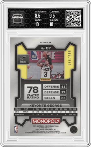 Keyonte George from the 2023-24 Panini Prizm Monopoly set featuring a Brown parallel graded by Arena Club and given an overall grade of 9.