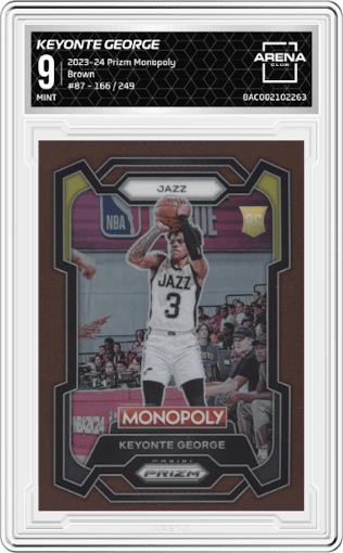 Keyonte George from the 2023-24 Panini Prizm Monopoly set featuring a Brown parallel graded by Arena Club and given an overall grade of 9.