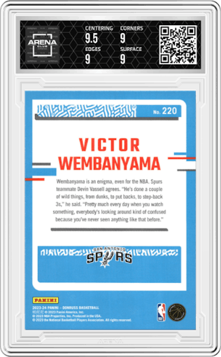 Victor Wembanyama from the 2023-24 Panini Donruss set graded by Arena Club and given an overall grade of 9.