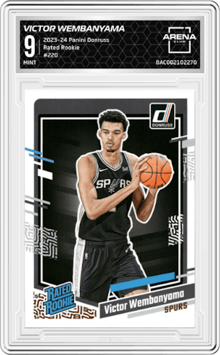 Victor Wembanyama from the 2023-24 Panini Donruss set graded by Arena Club and given an overall grade of 9.