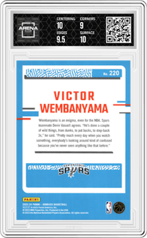 Victor Wembanyama from the 2023-24 Panini Donruss set graded by Arena Club and given an overall grade of 9.5.