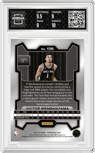 Victor Wembanyama from the 2023-24 Panini Prizm set graded by Arena Club and given an overall grade of 9.5.