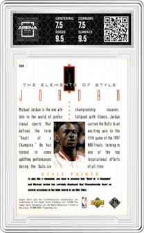 Michael Jordan from the 1998-99 Upper Deck Michael Jordan Living Legend set graded by Arena Club and given an overall grade of 8.