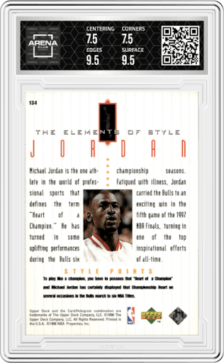 Michael Jordan from the 1998-99 Upper Deck Michael Jordan Living Legend set graded by Arena Club and given an overall grade of 8.