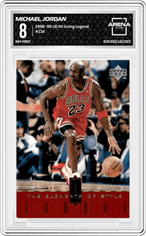 Michael Jordan from the 1998-99 Upper Deck Michael Jordan Living Legend set graded by Arena Club and given an overall grade of 8.
