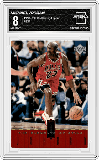 Michael Jordan from the 1998-99 Upper Deck Michael Jordan Living Legend set graded by Arena Club and given an overall grade of 8.