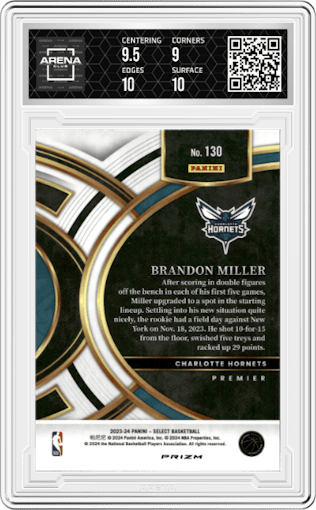 Brandon Miller from the 2023-24 Panini Select  set featuring a Blue Prizm parallel graded by Arena Club and given an overall grade of 9.5.