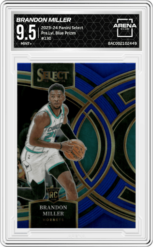Brandon Miller from the 2023-24 Panini Select  set featuring a Blue Prizm parallel graded by Arena Club and given an overall grade of 9.5.