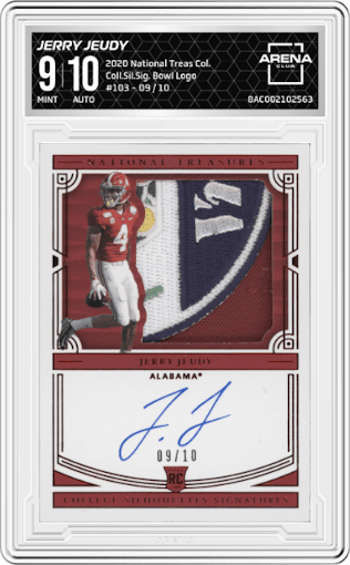 Jerry Jeudy from the 2020 Panini National Treasures Collegiate set featuring a Bowl Logo parallel graded by Arena Club and given an overall grade of 9.