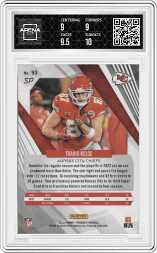 Travis Kelce from the 2023 Panini Phoenix set graded by Arena Club and given an overall grade of 9.5.