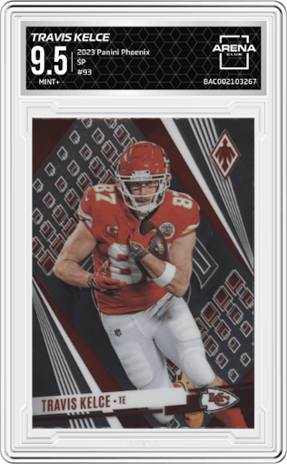Travis Kelce from the 2023 Panini Phoenix set graded by Arena Club and given an overall grade of 9.5.
