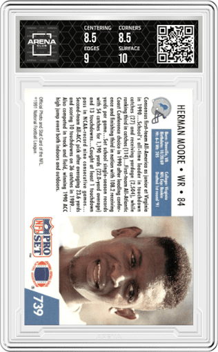  Herman Moore from the 1991 Pro Set set graded by Arena Club and given an overall grade of 9.