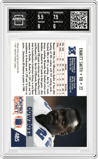  Emmitt Smith from the 1991 Pro Set set graded by Arena Club and given an overall grade of 6.