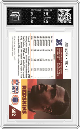 Art Monk from the 1991 Pro Set set graded by Arena Club and given an overall grade of 8.5.